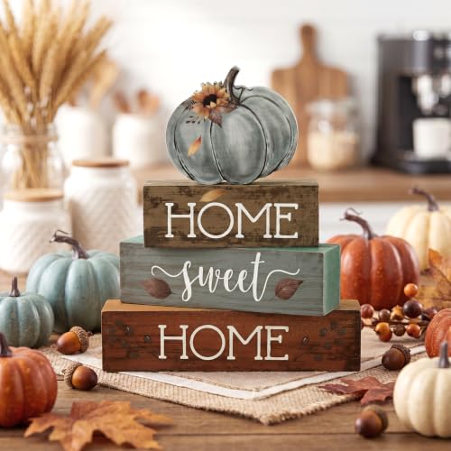 Amyhill 4 Pcs Pumpkin Thanksgiving Tiered Tray Wooden Table Sign Decor - style: Blue Pumpkin