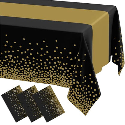 Smiry Disposable Rectangle Plastic 54 x 108 Inch Table Cloth 3 Pack - color: Black and Gold