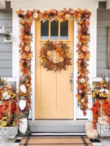 6FT Fall Garland for Mantle with Lights, Pumpkins, Pinecones, Berries - color: Brown