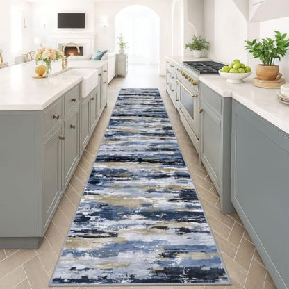 Abstract Washable Runners for Hallway 3x18 Runner Rug Non Slip - color: Navy / Blue / Taupe, size: 3' x 18' (Runner)