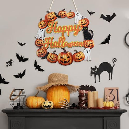 Wood Wreath for Front Door Porch Window Wall Hanging Decor (Halloween) - style: Halloween
