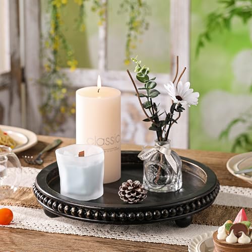 Black Round Wooden Tray for Decor, Rustic Farmhouse Centerpiece - color: Black