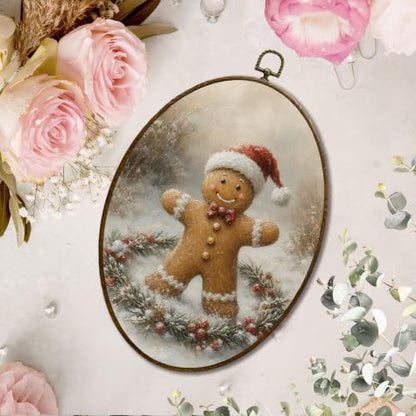 JQF Christmas Gingerbread Man Garland Oval Wall Decor Framed 8.5x11.5 Inch - color: Gingerbread-1