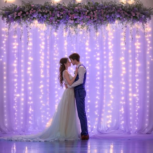 Sheer Curtains with Lights String Purple Tulle Curtain for Living Room Bedroom Parites Wedding Birthday Decorations 2 Panels 60" Wｘ96 L - color: Purple, size: 60"W x 96"L (Pack of 1)