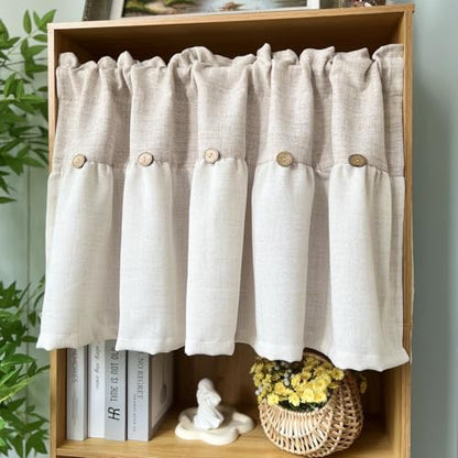 Farmhouse Boho Linen Button Valance for Kitchen Window Dining Room - color: Beige, size: 39"W x 20"L (Pack of 1)