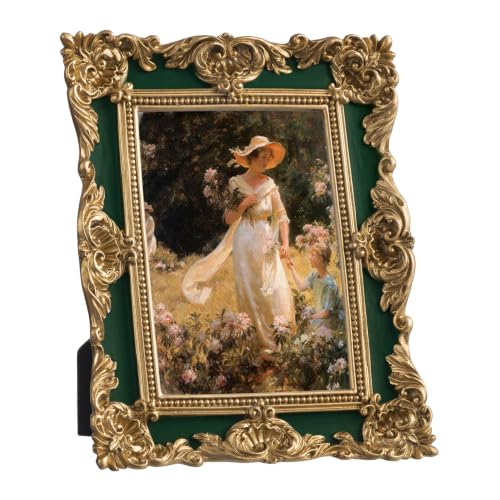 eletecpro 5x7 Vintage Picture Frame with Real Glass Cover, Green, 1-Pack | Tabletop or Wall Decor, Horizontal and Vertical Display, Carved Resin Frame & Velvet Backing, Easy Photo Changing - color: Green, size: 5x7
