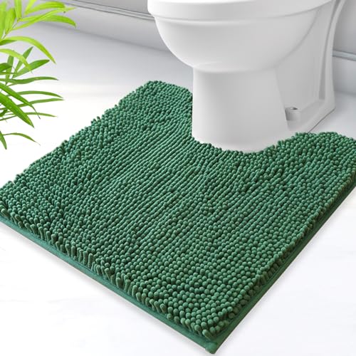 U-Shaped Toilet Rug, Chenille Contour Bathroom Mat, Non-Slip PVC Backing, Machine Washable, 20x20, Dark Green - color: Dark Green, size: 1'8" x 1'8" (20"x 20"U)
