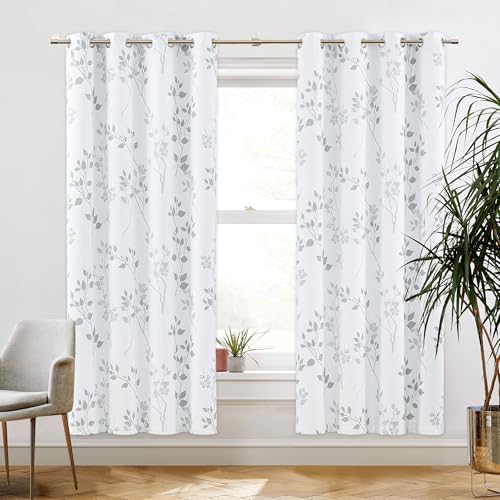 Beauoop Floral 100% Blackout Curtains for Bedroom Grey White 52X72 2 Panels - color: Grommet | Grey, size: 52"W x 72"L (Pack of 2)