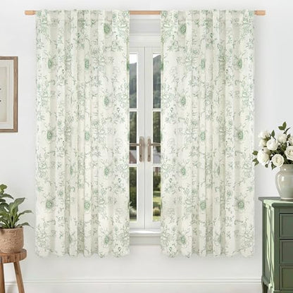 LAMIT Floral Linen Bedroom Curtains 63 Inches Long, Olive Green, 2 Panels - color: Olive Green, size: 52"W x 63"L (Pack of 2)