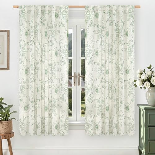 LAMIT Floral Linen Bedroom Curtains 63 Inches Long, Olive Green, 2 Panels - color: Olive Green, size: 52"W x 63"L (Pack of 2)