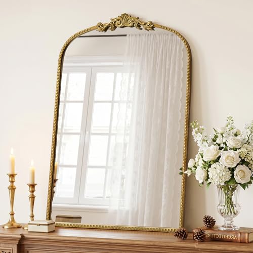 24"x36" Vintage Arched Wall Mirror with Beaded Metal Frame - size: 36"L x 24"W