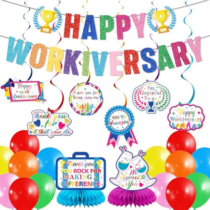 Work Anniversary Decorations: Happy Anniversary Banner Happy Anniversary Decorations with Hanging Swirls Honeycomb Centerpieces Balloons Office Employee Worker Appreciation Decor
