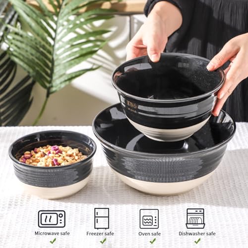 HASENSE Ceramic Mixing Bowls Set of 3, 84/40/20 Oz Black & Beige Stoneware Bowls, Farmhouse Bowls for Salad, Soup, Cooking Baking Serving Food, Nesting BowlsDishwasher & Microwave Safe - color: Black, size: 84+40+20 oz