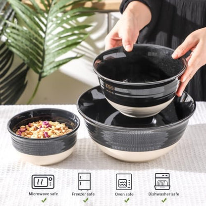HASENSE Ceramic Mixing Bowls Set of 3, 84/40/20 Oz Black & Beige Stoneware Bowls, Farmhouse Bowls for Salad, Soup, Cooking Baking Serving Food, Nesting BowlsDishwasher & Microwave Safe - color: Black, size: 84+40+20 oz