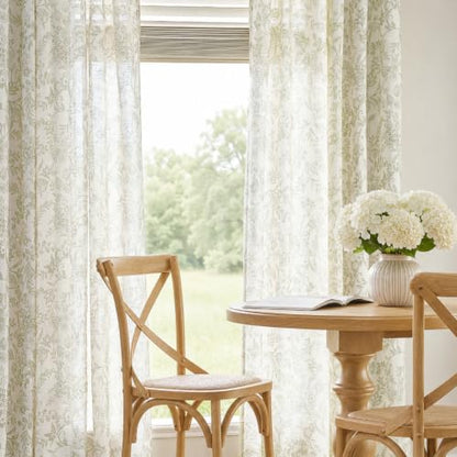 Lazzzy Green Floral Linen Curtains Farmhouse Rod Pocket 50W X 84L 2 Panels - color: Green on Beige, size: 50"W x 84"L (Pack of 2)