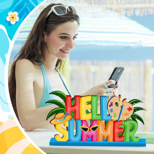 CroBlissful 6 Pcs Schools Out for Summer Signs, Hello Summer Wooden Decor - style: Summer