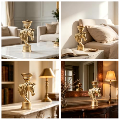 Golden Horse Head Candle Holder 12 Inch – Equestrian Gold Stallion Statue Pillar Candle Stand - color: Gold Horse