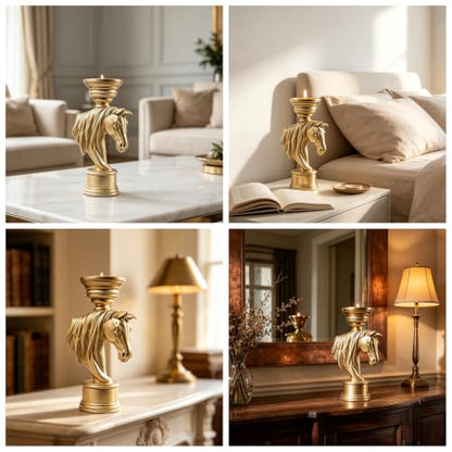 Golden Horse Head Candle Holder 12 Inch – Equestrian Gold Stallion Statue Pillar Candle Stand - color: Gold Horse