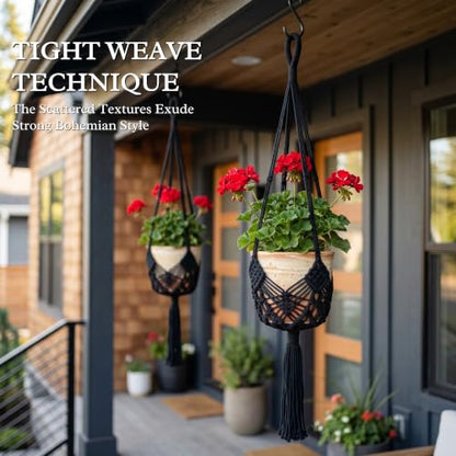 Boho Macrame Plant Hanger with Hooks, Rope Hanging Baskets for Plants - color: Black 2pack Pots Not Included
