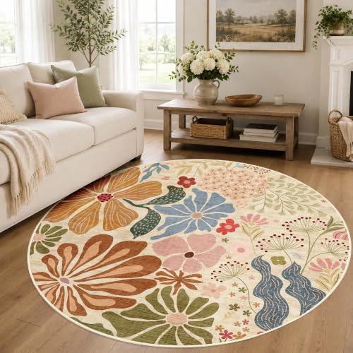 MUJOO Round Rug 5ft,Circle Washable Area Rug Non Slip Low-Pile Floral Beige - color: Beige, size: 5' (Round)