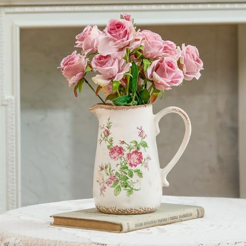 Vintage Rose Flora Ceramic Vase with Handle, Retro Ice Glazed Crack Farmhouse Pitcher Vase for Home Decor, Living Room, Shelf, Office, Rustic Table Centerpiece 7 Inch - color: Pink Flora, size: Small Pitcher