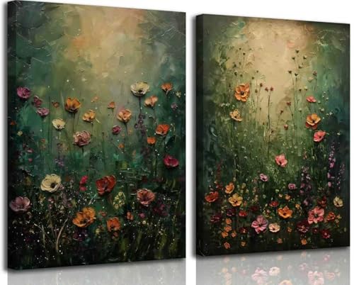 2Psc Vintage Framed Canvas Wall Art Dried Flowers Painting Picture Wall Decor Retro Moody Floral Botanical Poster Print Artwork for Bathroom Bedroom Living Room Gallery Home Decoration - color: Retro dark floral, size: 16"L x 12"W