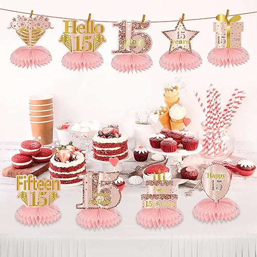 Turypaty Happy 15th Birthday Honeycomb Table Centerpieces Decorations Girls - style: Pink Rose Gold 15th