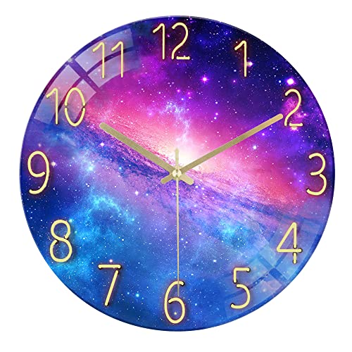 Lafocuse 12 Inch Glass Galaxy Purple Wall Clocks Battery Operated Space - color: Purple