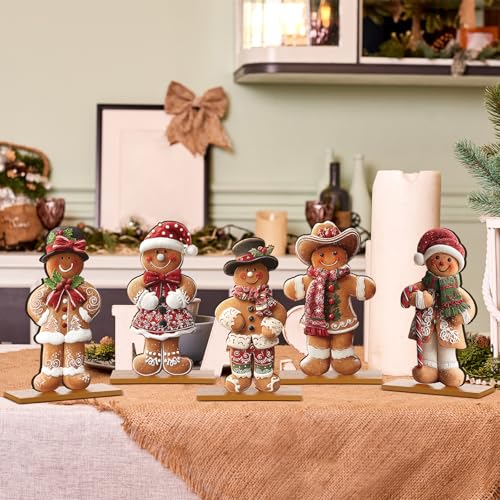 RattanView 5 Pcs Christmas Gingerbread Tabletop Decorations Wooden Christmas Centerpiece Table Decor Holiday Sequins Village Standing Sign with Base for Xmas Home Mantel Shelf(Gingerbread Man) - style: Gingerbread Man