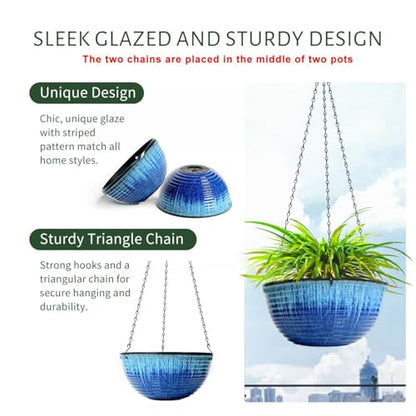 2 Pack 10 Inch Glazed Hanging Planters, Hanging Baskets with Drainage Hole - color: Blue Glaze, size: 10 inch