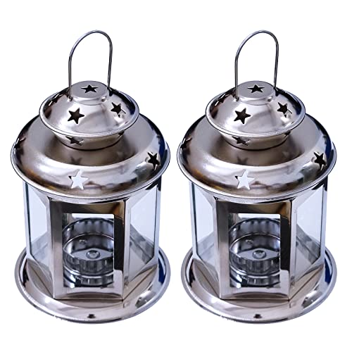 2 Pcs European Design Antique Glass Hanging Candle Lanterns with Stars Metal Frame Candlestick Holder Night Lamp, Romantic Xmas Wedding Party Decoration, Original Package (Silver) - color: Silver