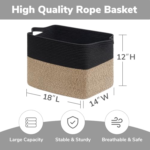 Goodpick 50L Large Woven Storage Basket, 18" x 14" x 12", Black Jute - color: Black, size: 18"L x 14"W x 12"H