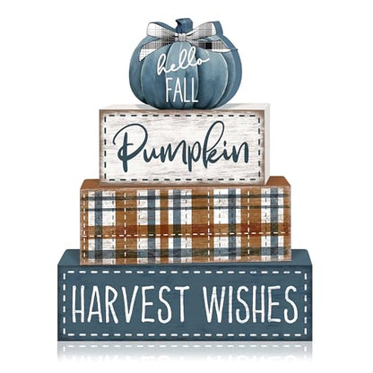Britimes Fall Farmhouse Tiered Tray Decor Set, 4 Pack, Wooden - color: Blue Pumpkin