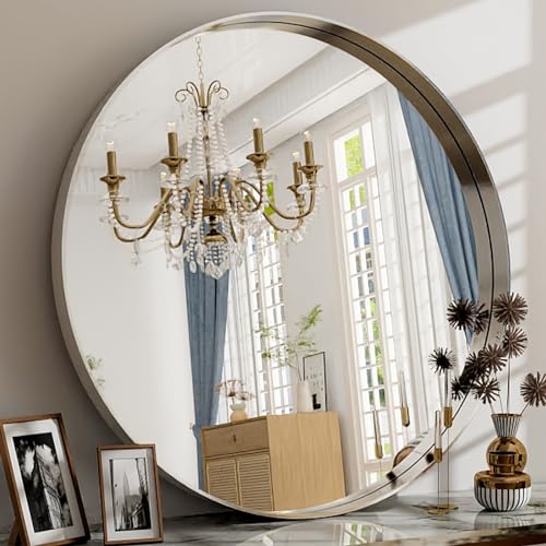 24 Inch Round Bathroom Mirror - Wall Mounted Circle Mirror with Metal Frame, Modern Mirror Suitable for Bathroom, Vanity, Entryway, Living Room, Wall Decor,Silver - color: Silver, size: 24"L x 24"W