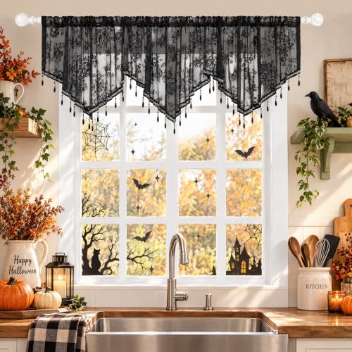 Molaxhome Swag Curtain Scalloped Curtain Valance Drape Sheer Lace Panel 1pc - color: Lace Black