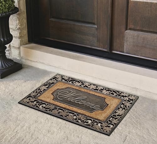 A1 HOME COLLECTIONS 38"×23" Natural Coir & Rubber Doormat - Decorative Welcome Design, Heavy Duty Coconut Fiber Entry Mat with Non-Slip Backing - Anti-Shed Treated, Low Profile Outside Front Door Mat - color: Floral Border, size: 1'11" x 3'2" (Rectangular
