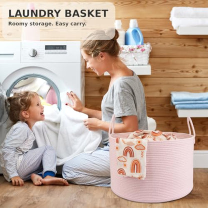 XUANGUO 66L Large Blanket Basket, Round Cotton Rope Basket, Light Pink - color: pink