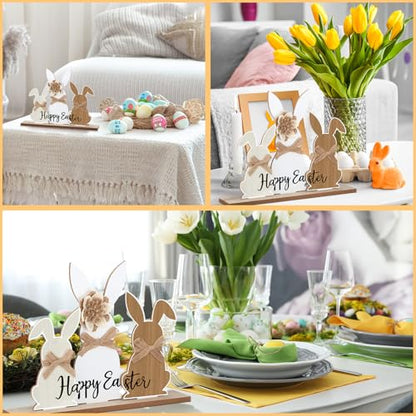 Colingmill 3 Pcs Easter Bunny Wood Centerpiece, Removable Base Burlap Bow