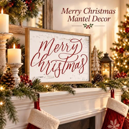 Merry Christmas Wall Decor Art, 23.6"×15.7" Large Wooden Sign - color: white-red