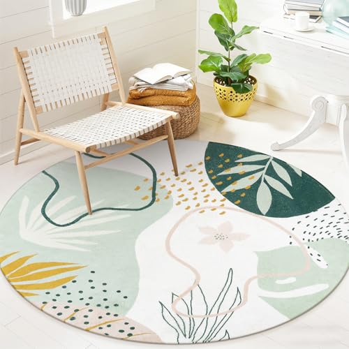 Lahome Boho Round Area Rug - 3Ft Washable Bathroom Rug Non-Slip Small Circle Rug for Bedroom Throw Soft Cute Kids Nursery Rug, Green Botanical Print Carpet for Entryway Sofa Living Room - color: Green, size: 3' (Round)