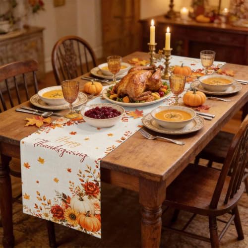 Fall Thanksgiving Table Runner 36 Inches Long,Orange Pumpkins Maple Leaf Flower Cotton Linen Table Runners Dresser Scarves,Farmhouse Fabric Tabletop Scarf Furniture Cover for Home Dinner Party 13"x36" - color: Cream, Terracotta, Dusty Rose, Autumn Orange,