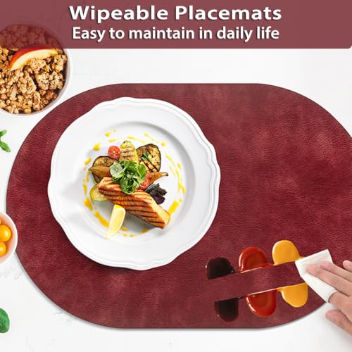 ADRIMER Oval Placemats Set of 6, Wipeable Faux Leather, Wine Red - color: Wine Red