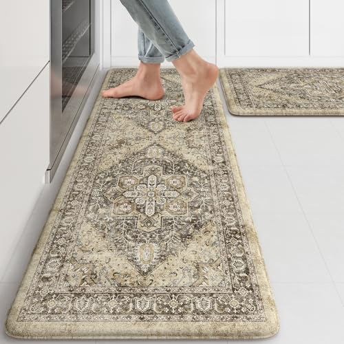 KIMODE Anti Fatigue Kitchen Mat, Boho Distressed Kitchen Rugs Sets of 2 - color: Boho Brown/Multi, size: 47"L x 17.3"W x 0.47"Th + 29"L x 17.3"W x 0.47"Th