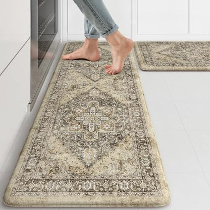 KIMODE Anti Fatigue Kitchen Mat, Boho Distressed Kitchen Rugs Sets of 2 - color: Boho Brown/Multi, size: 47"L x 17.3"W x 0.47"Th + 29"L x 17.3"W x 0.47"Th