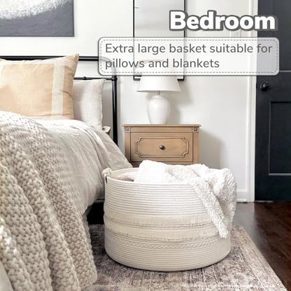 CherryNow 90L Large Woven Rope Blanket Basket with Tassel, 22" x 14", White - color: Off-white, size: 83L (22"W x 14"H)