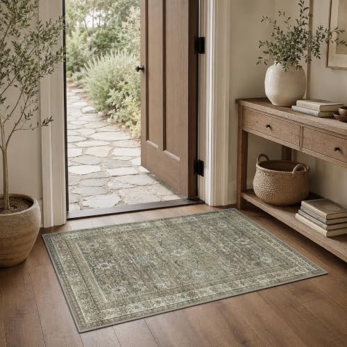 Schweek 2x3 Entryway Rugs Brown Grey Washable Vintage Area Rug Non Slip Mat - color: Antique/Moss, size: 2' x 3' (Rectangular)