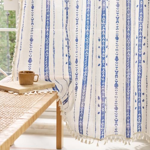 Blue Boho Curtains for Living Room with Tassel 63 Inch 2 Panels - color: T-blue, size: 52"W x 63"L (Pack of 2)