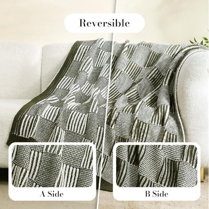 Amélie Home Checkered Knit Throw Blanket for Bed, Olive Green 60"x80" - color: Checkered Olive Green, size: 60" X 80"