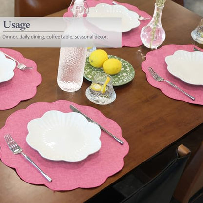 AHHFSMEI Round Scalloped Placemats Set of 6 15 Inch Faux Linen - color: Pink