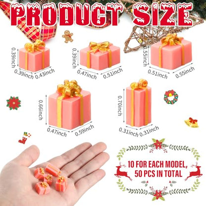 Bucherry 50 Pcs Christmas Miniature Resin Gift Boxes Pink and Gold Mini Christmas Ornaments Xmas Miniature Figurines Charms for Craft DIY Garden Accessories - color: Pink and Gold